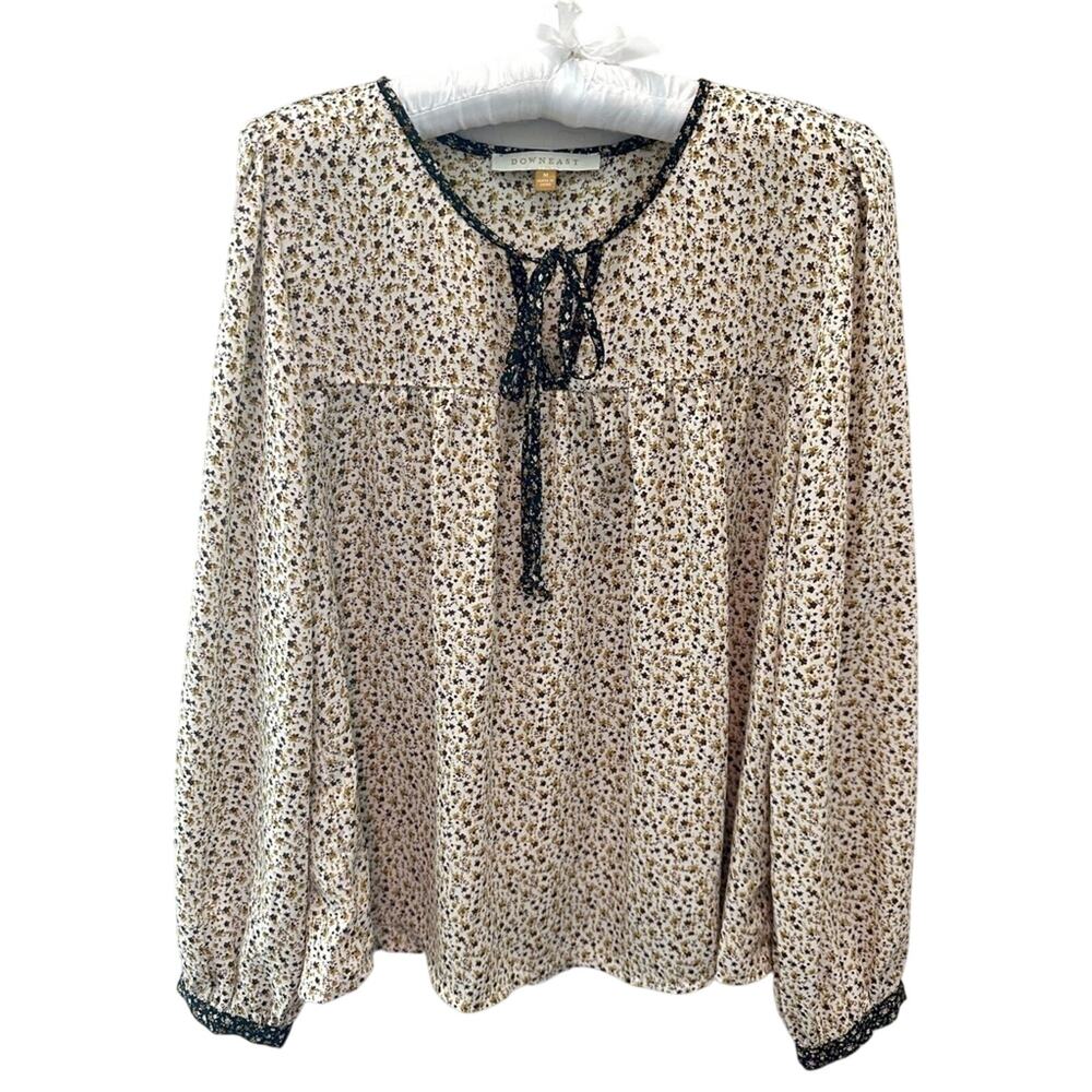 DOWNEAST Cream Floral Prairie Blouse Cottagecore Long Sleeve Keyhole Top Medium